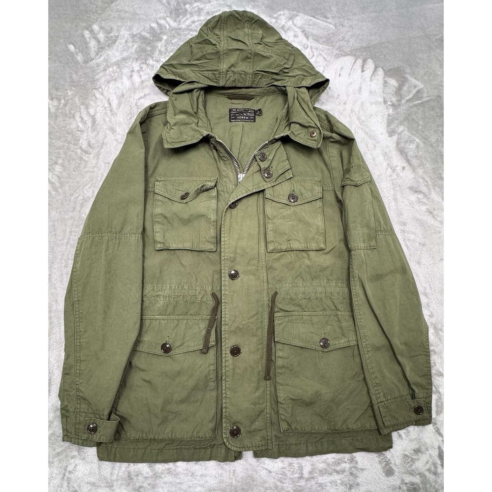 J Crew Military Field Jacket Mens Large Army Green Hooded Utility Coat NX-631